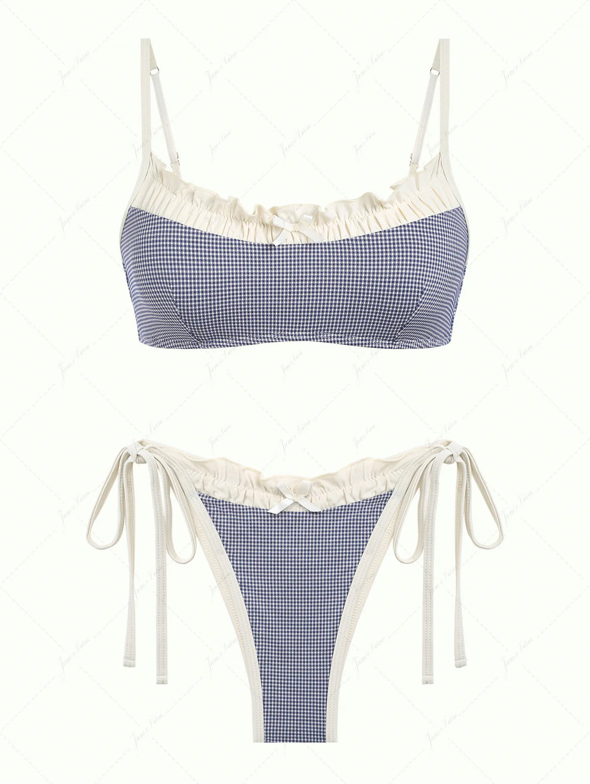 Dunkelblaues Bikini-Set mit Vintage-Karo, Raffungen und Schleife