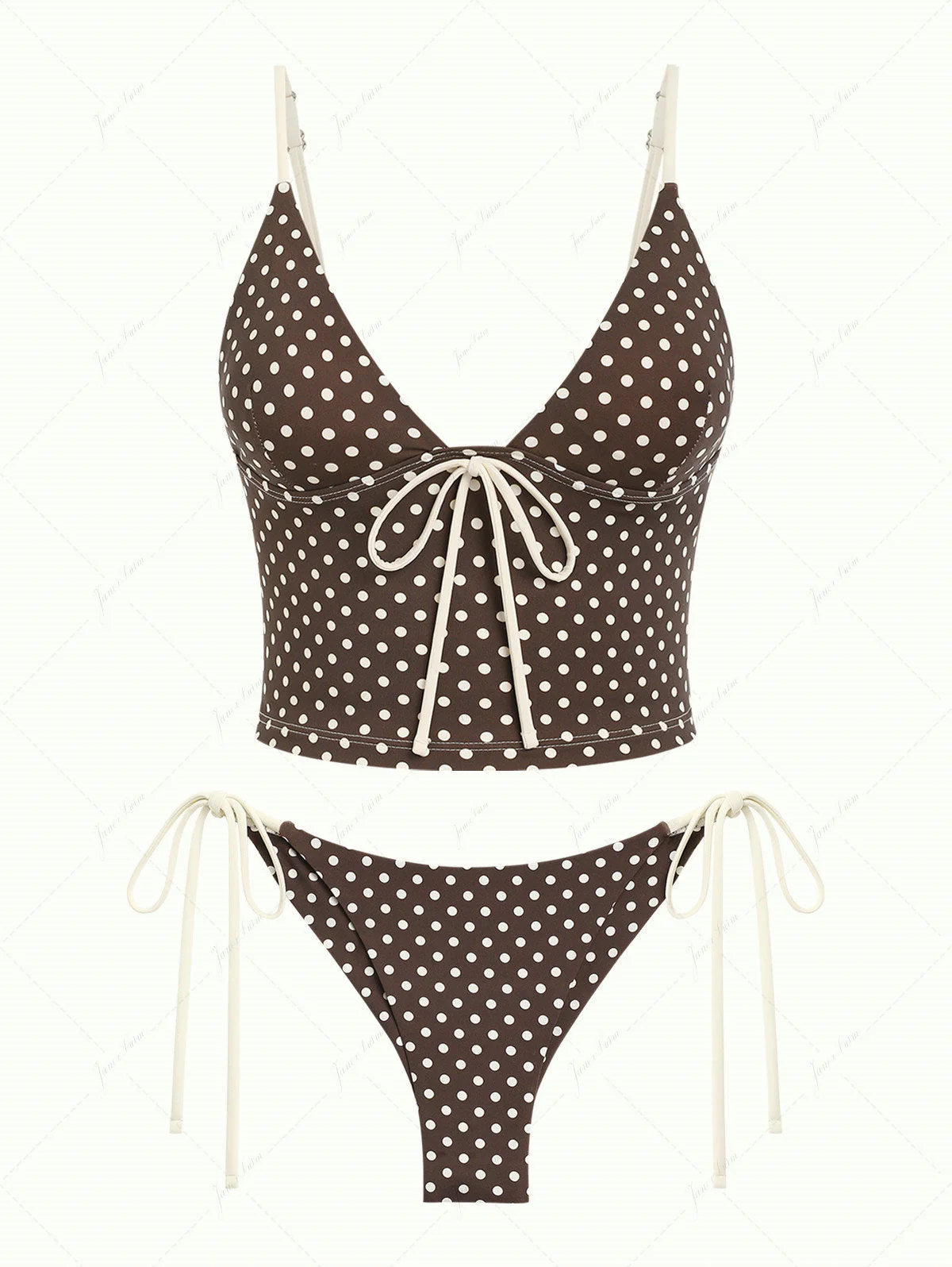 Deep Coffee Polka Dot Bowknot Cami Tank Top & Cheeky Brazilian Bottom Tankini Set
