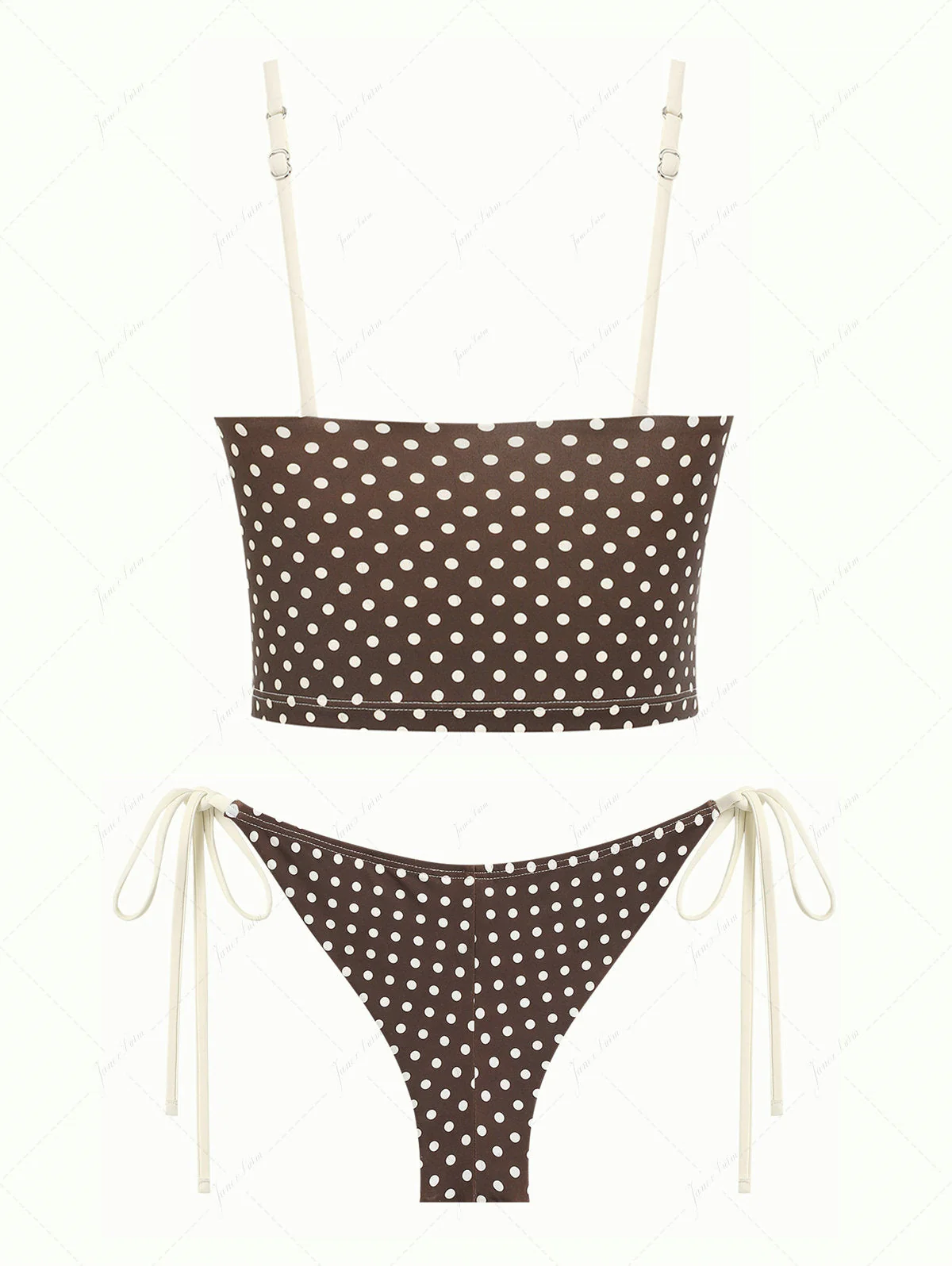 Deep Coffee Polka Dot Bowknot Cami Tank Top & Cheeky Brazilian Bottom Tankini Set - Image 2