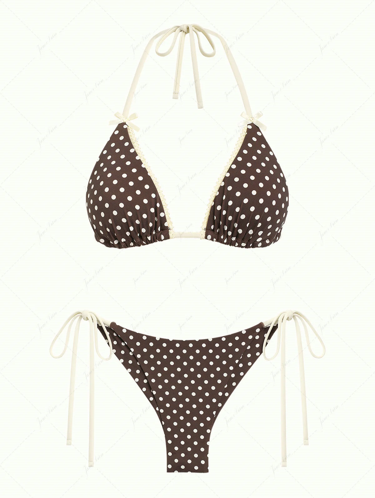 Bikini-Set mit tiefbraunem, gepunktetem Triangel-Top aus Spitze mit Schleife und frechem brasilianischem Höschen