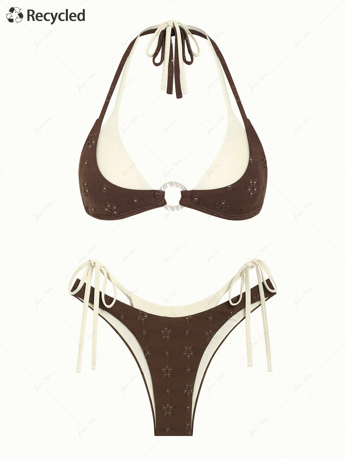 Deep Coffee Recycled Fabric Eyelet Jacquard O Ring Double Layer Bikini Set