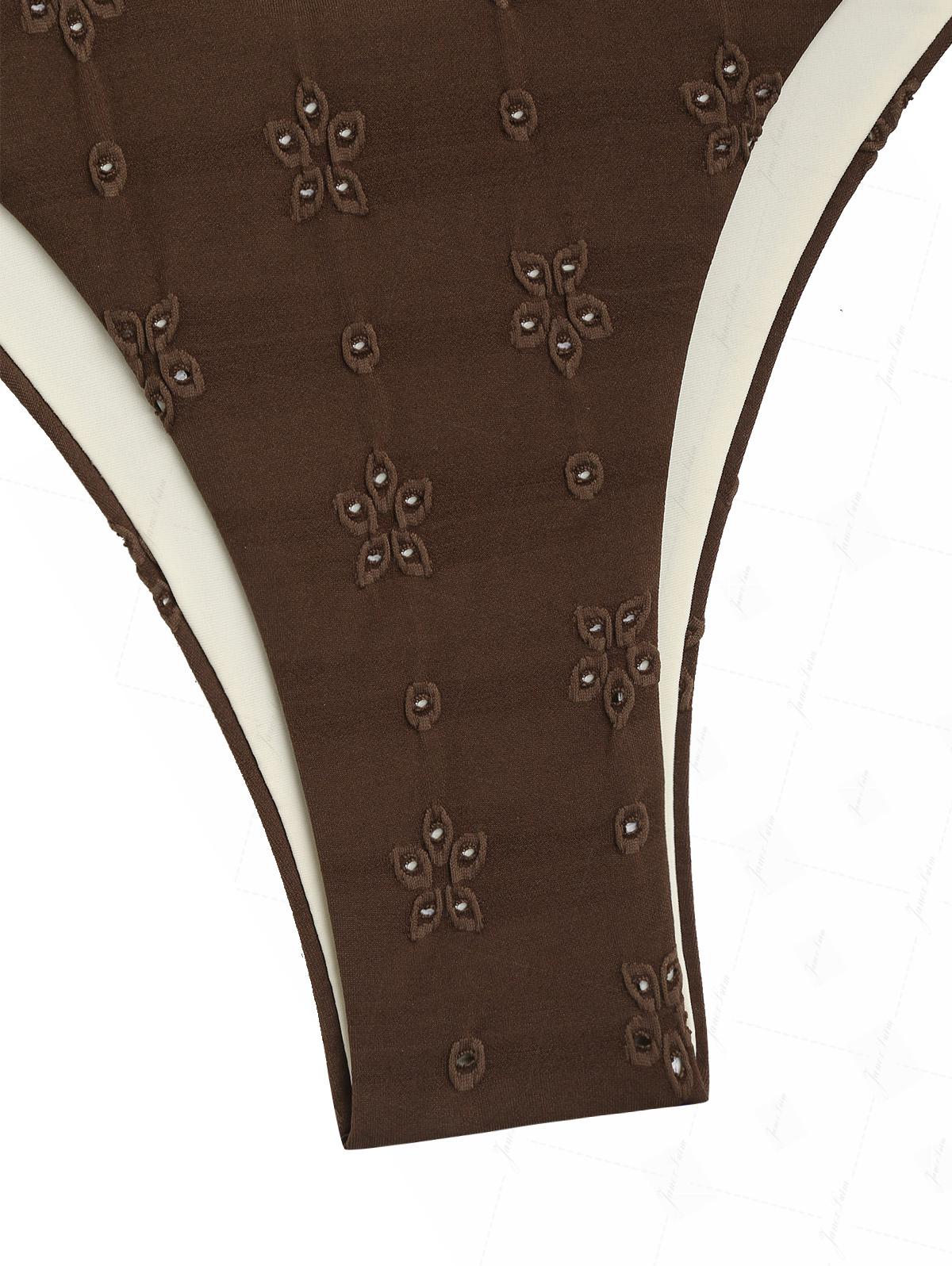 Deep Coffee Recycled Fabric Eyelet Jacquard O Ring Double Layer Bikini Set - Image 10