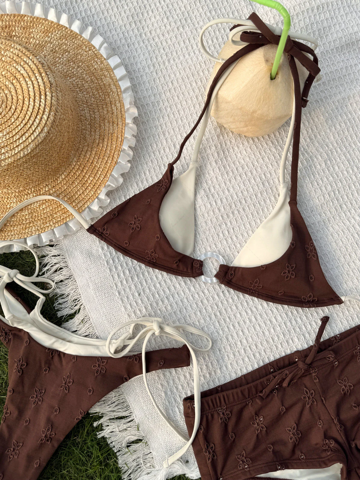 Deep Coffee Recycled Fabric Eyelet Jacquard O Ring Double Layer Bikini Set - Image 2