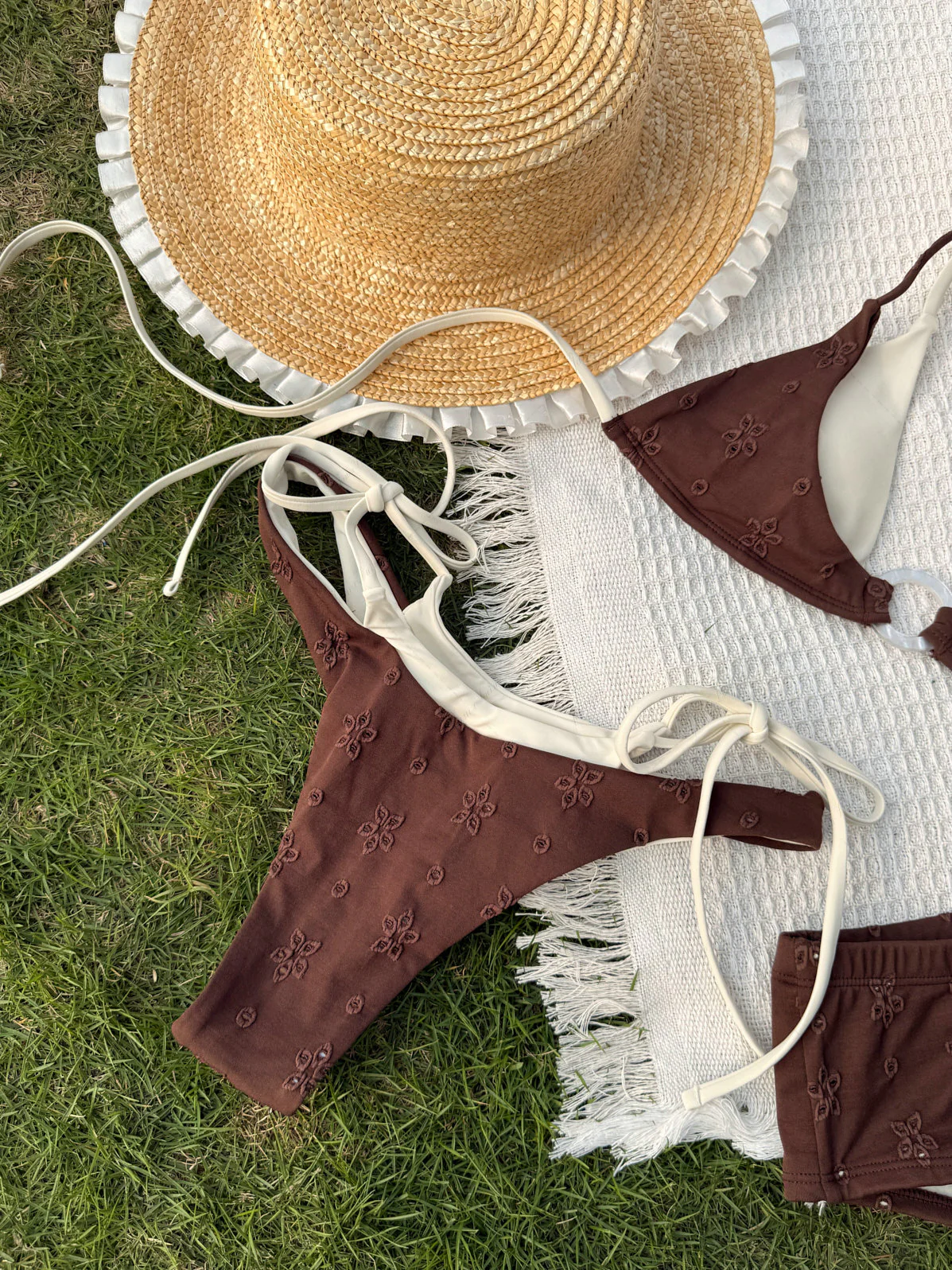 Deep Coffee Recycled Fabric Eyelet Jacquard O Ring Double Layer Bikini Set - Image 3