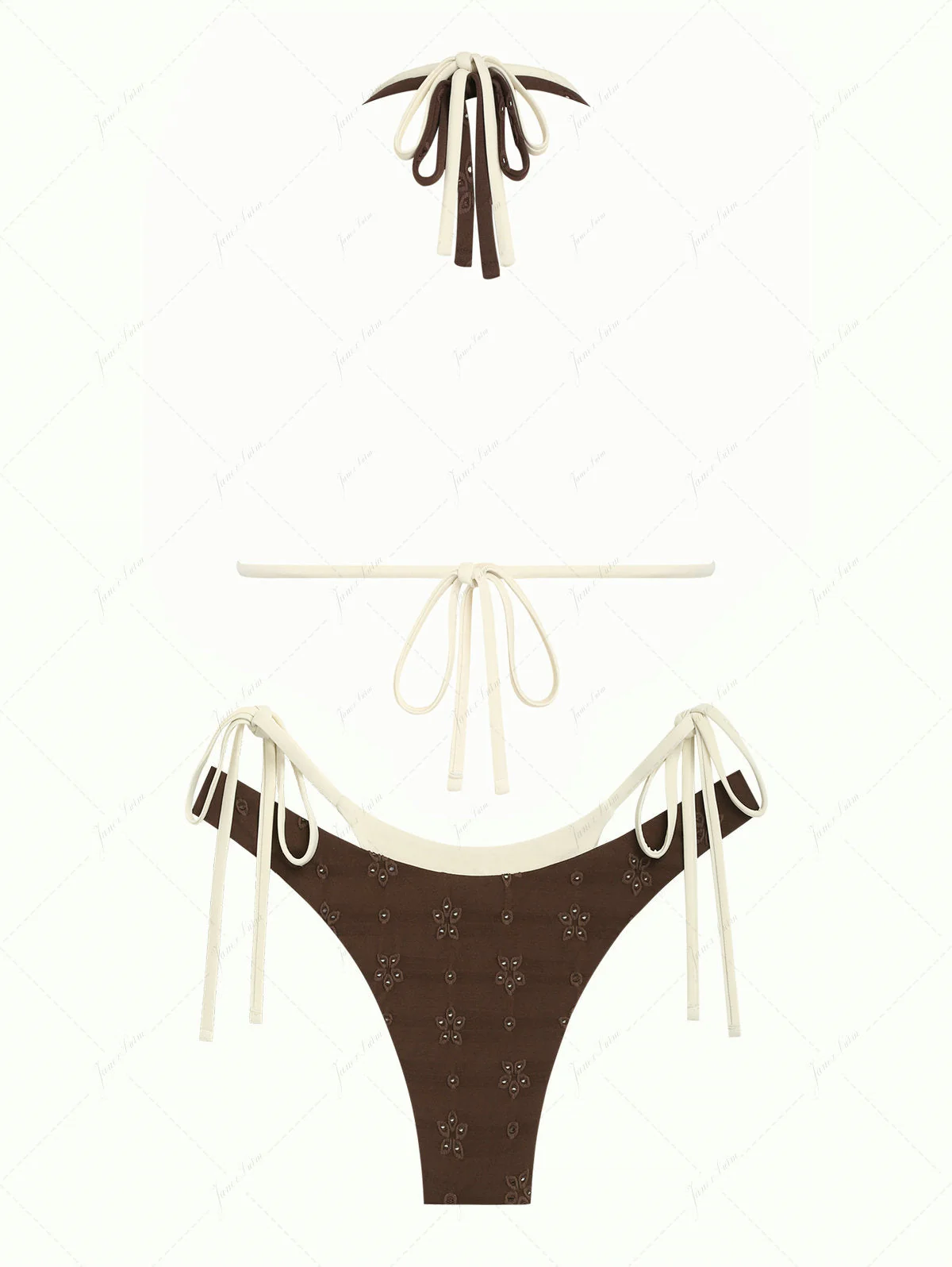 Deep Coffee Recycled Fabric Eyelet Jacquard O Ring Double Layer Bikini Set - Image 5