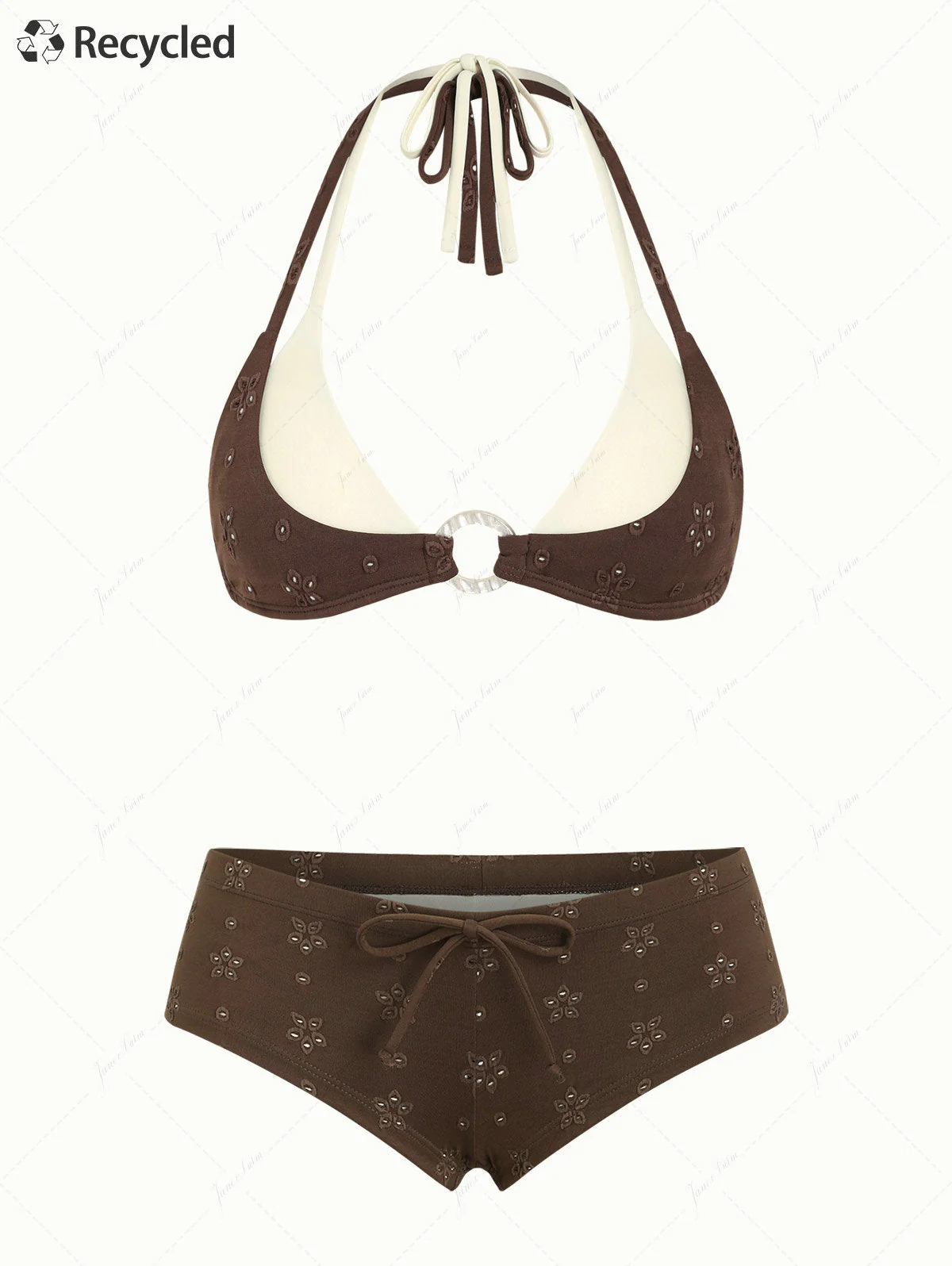 Bikini-Set aus tiefbraunem, recyceltem Stoff mit Ösen-Jacquard-Muster und O-Ring-Verzierung, doppellagigem Oberteil und frechen Boyshorts