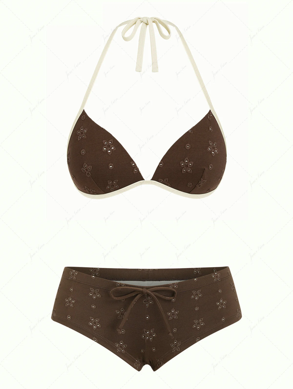 Deep Coffee Recycled Fabric Eyelet Jacquard Push Up Top & Cheeky Boyshorts Bikini Set - Image 2