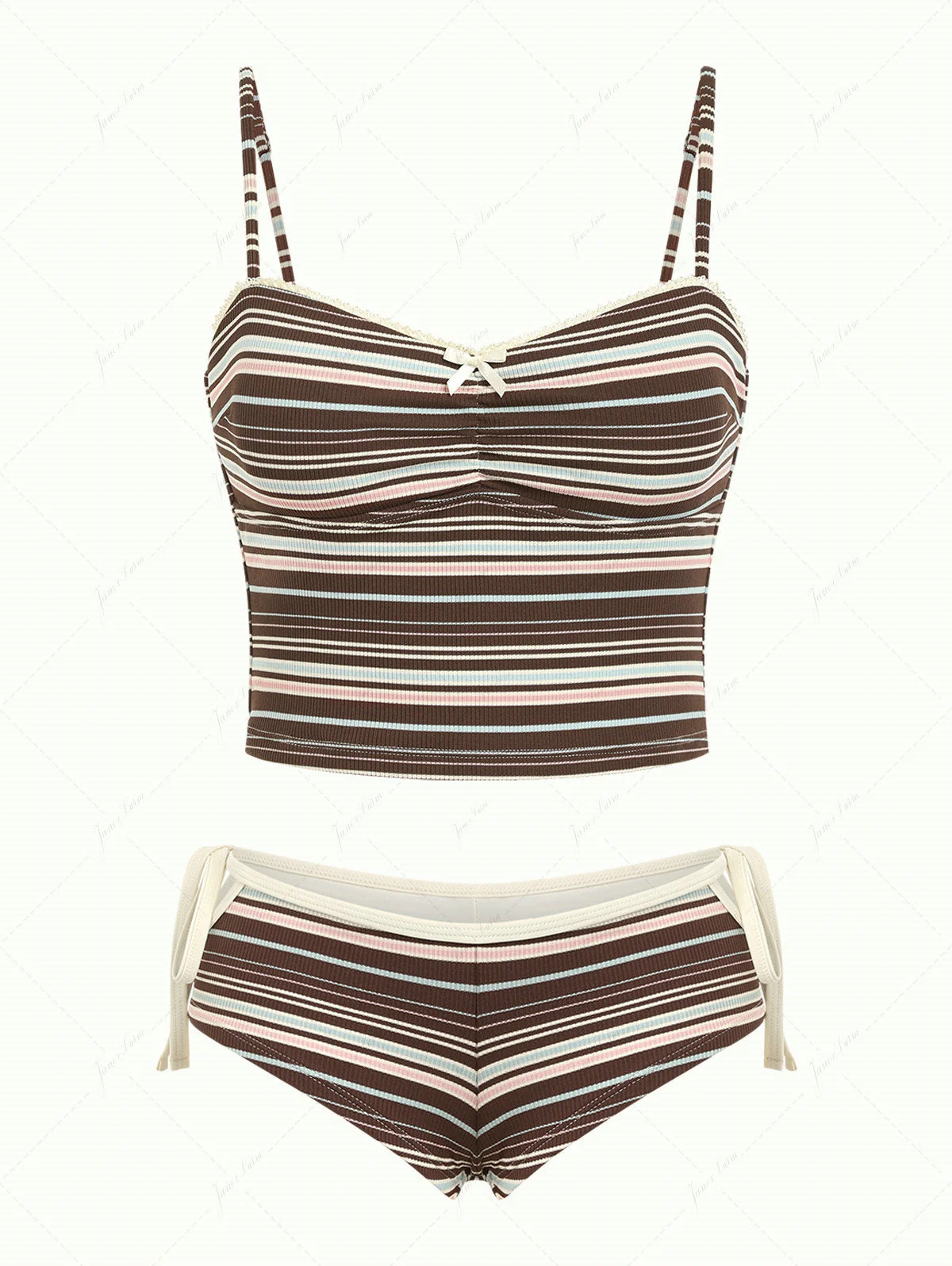 Tankini-Set aus tiefbraunem, geripptem, gestreiftem Tankini mit Cut-outs, seitlichen Bindebändern und frechem Schnitt.