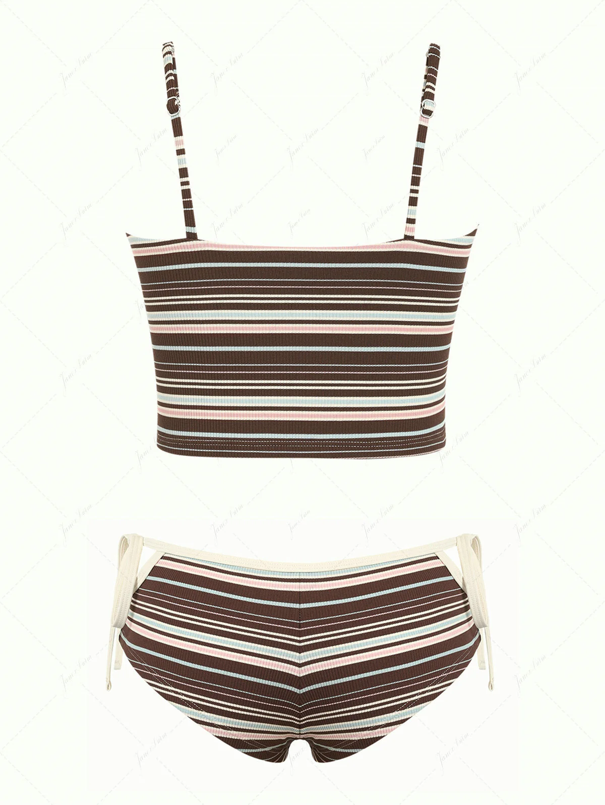 Tankini-Set aus tiefbraunem, geripptem, gestreiftem Tankini mit Cut-outs, seitlichen Bindebändern und frechem Schnitt. - Image 2