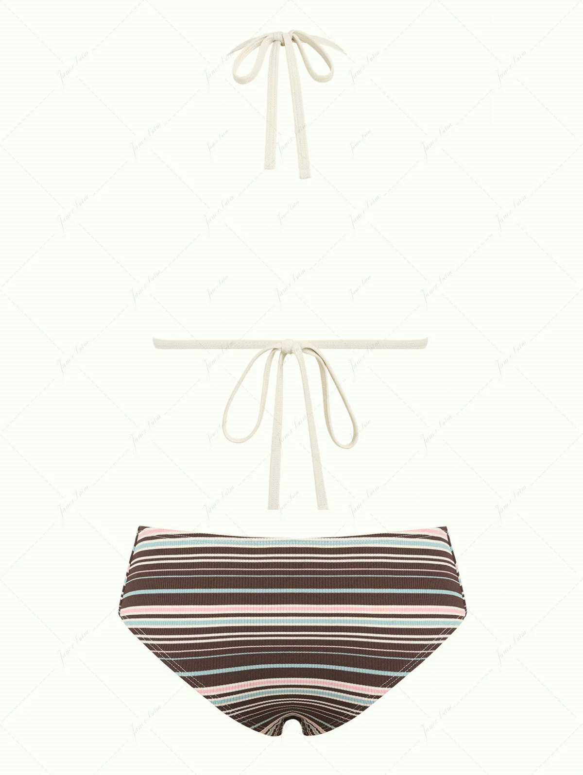 Deep Coffee Ribbed Knit Striped Triangle Push Up Bikini Set - Image 2