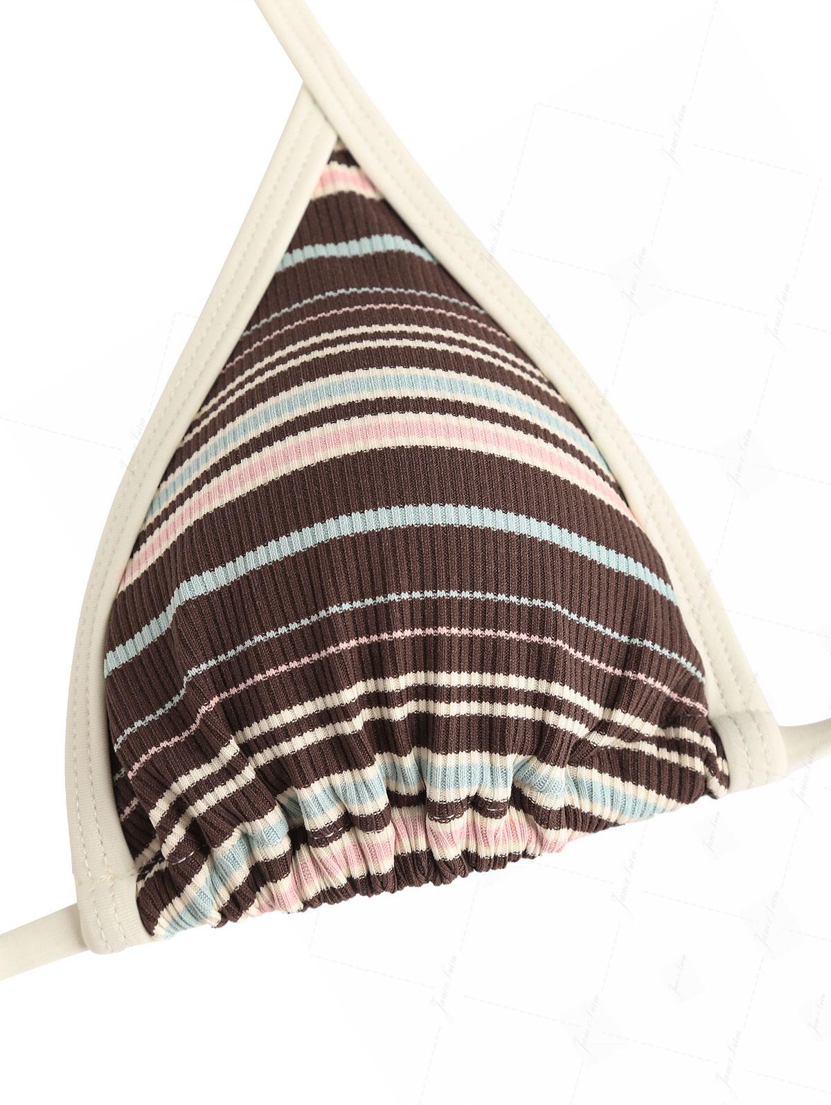 Deep Coffee Ribbed Striped Contrast Binding Triangle Top & Cheeky Boyshorts Bikini Set - Image 6
