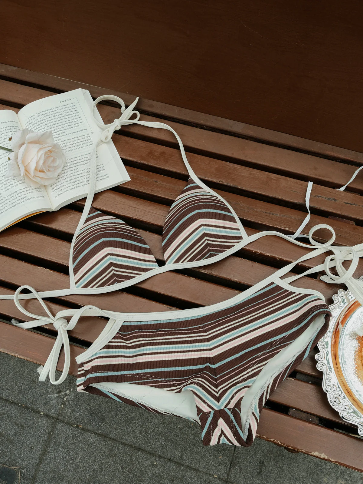 Deep Coffee Ribbed Striped Triangle Push Up Top & Cheeky Boyshorts Bikini Set - Image 3