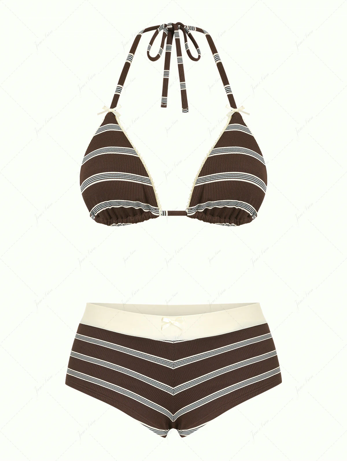Deep Coffee Striped Lace Bowknot Triangle Top & Two-way Cheeky Boyshorts Bikini Set - Image 2