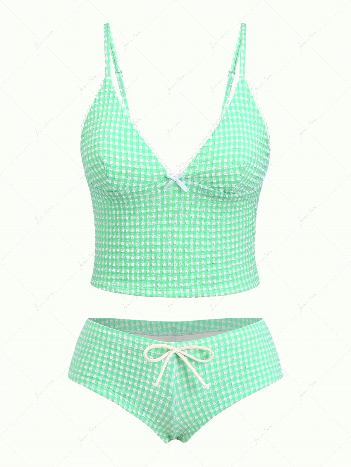 Grünes Tankini-Set mit Blasenmuster, Picot-Besatz und Schleife, frechem Schnitt und kurzen Shorts
