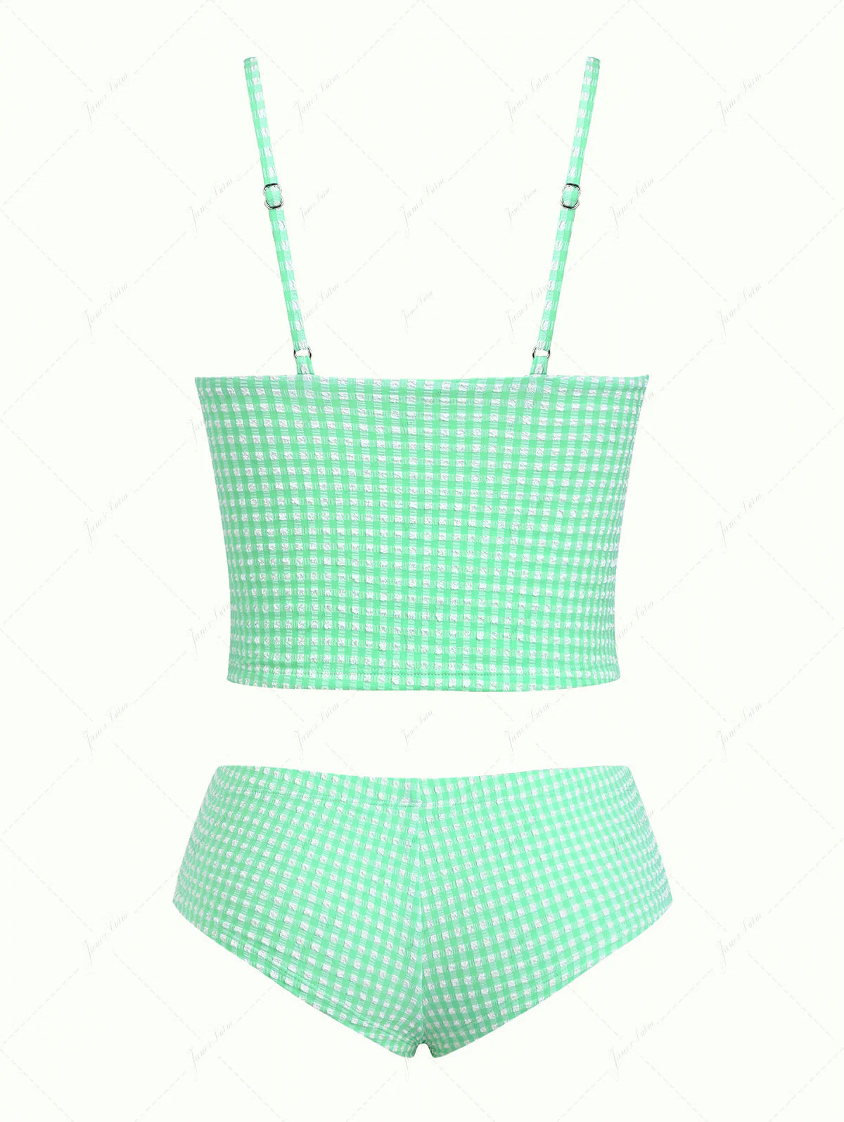 Grünes Tankini-Set mit Blasenmuster, Picot-Besatz und Schleife, frechem Schnitt und kurzen Shorts - Image 2