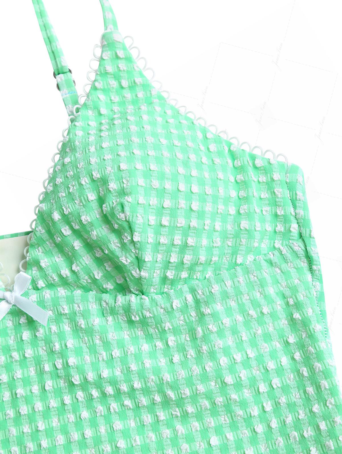 Grünes Tankini-Set mit Blasenmuster, Picot-Besatz und Schleife, frechem Schnitt und kurzen Shorts - Image 3