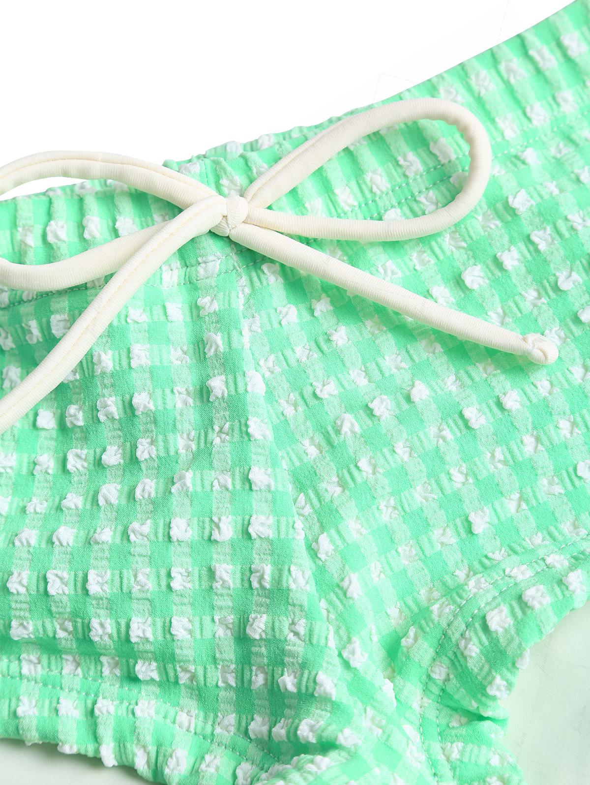 Grünes Tankini-Set mit Blasenmuster, Picot-Besatz und Schleife, frechem Schnitt und kurzen Shorts - Image 5