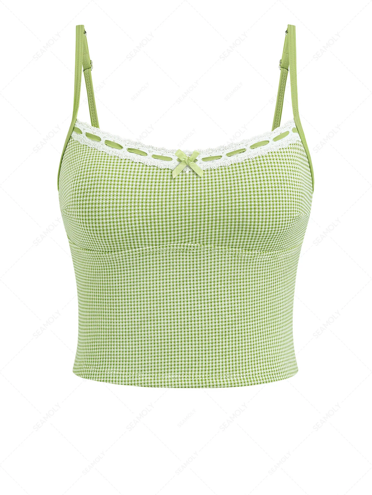 Grünes Camisole-Tankini-Oberteil mit Gingham-Spitze und Schleife