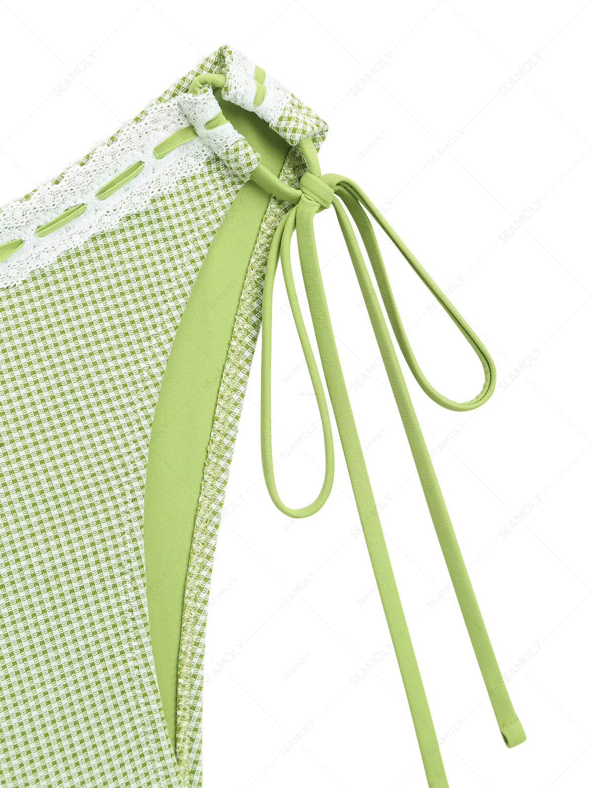 Grünes Gingham-Spitzen-Hipster-Bikinihöschen mit Schleife und seitlicher Schnürung - Image 3