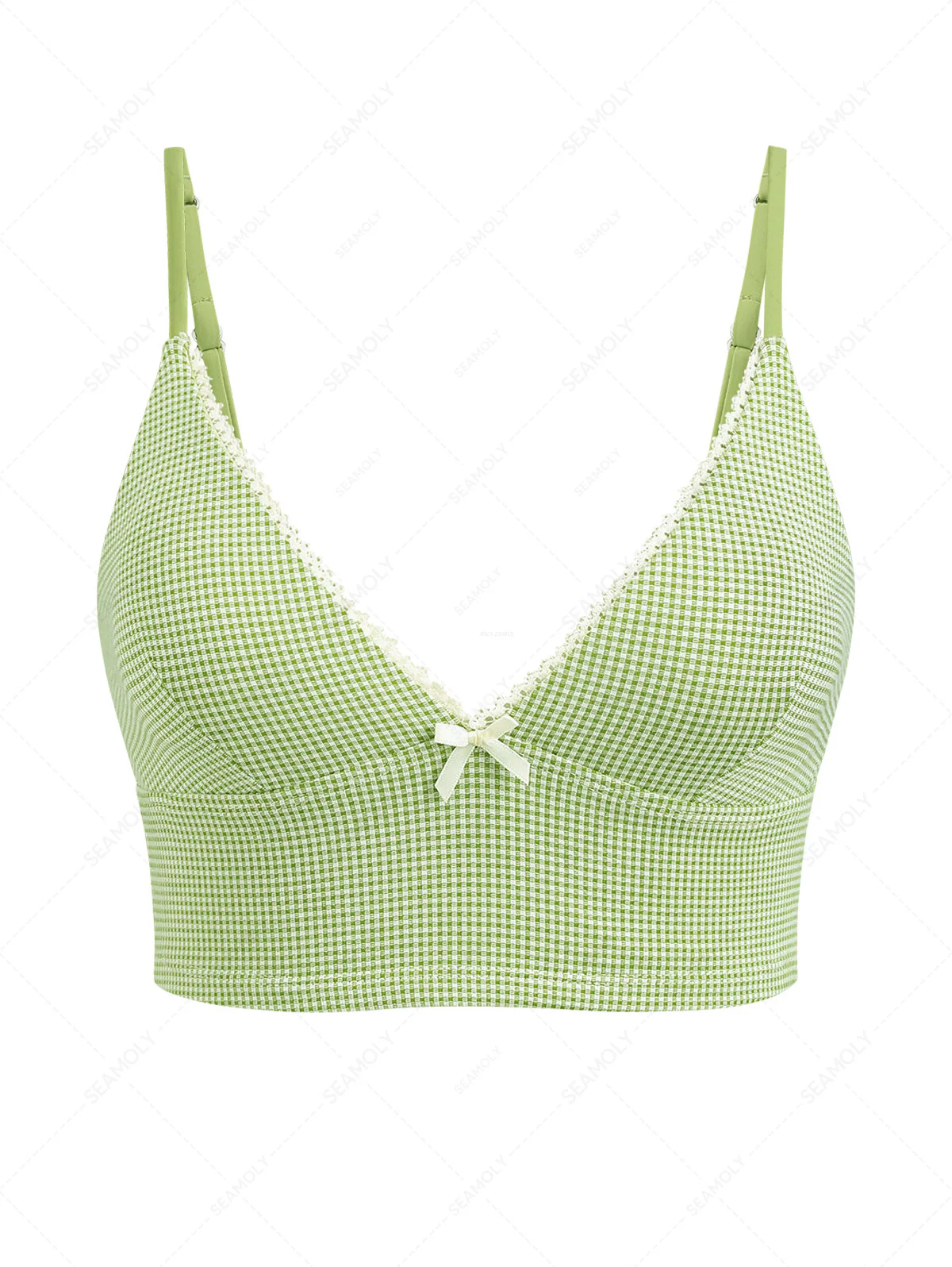 Grünes Tankini-Oberteil mit tiefem Ausschnitt und Gingham-Spitze und Schleife