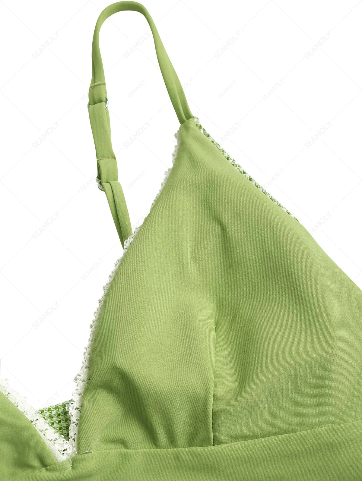 Grünes Tankini-Oberteil mit tiefem Ausschnitt und Gingham-Spitze und Schleife - Image 3
