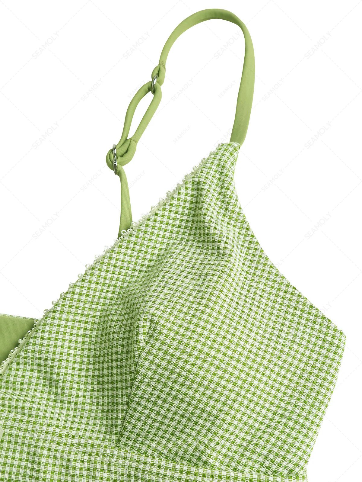 Grünes Tankini-Oberteil mit tiefem Ausschnitt und Gingham-Spitze und Schleife - Image 4