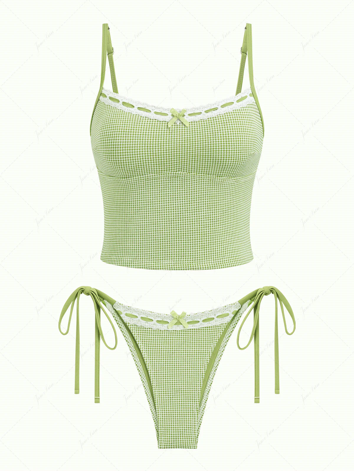 Green Plaid Lace Bowknot Tie Side Cheeky Tankini Set
