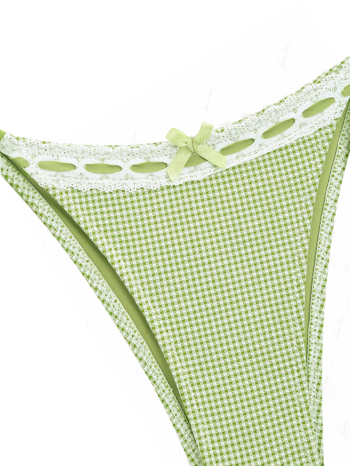 Green Plaid Lace Bowknot Tie Side Cheeky Tankini Set - Image 5