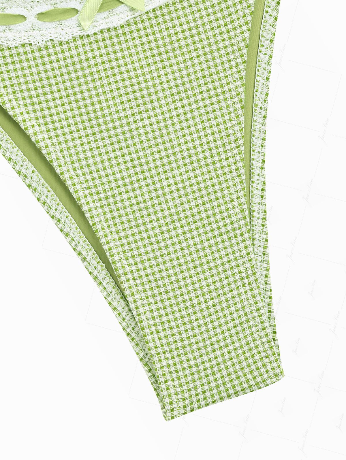 Green Plaid Lace Bowknot Tie Side Cheeky Tankini Set - Image 6