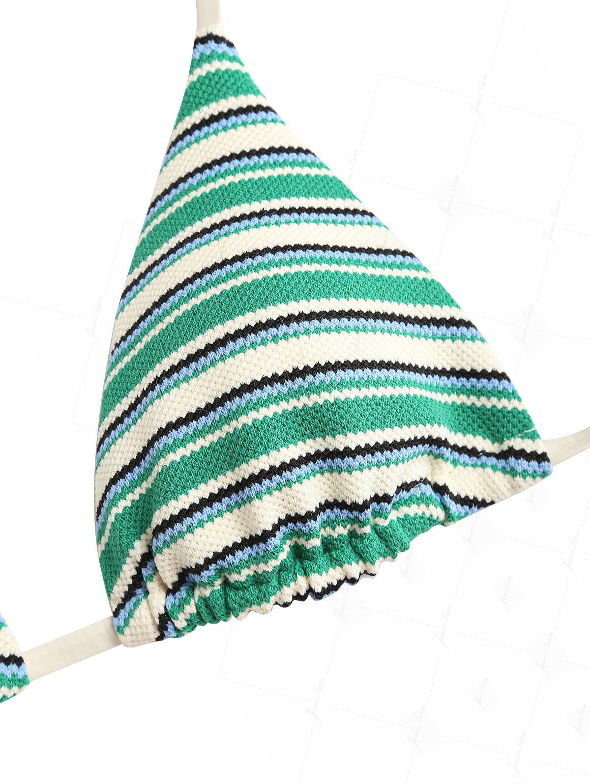 Green Knit Striped Textured Halter Triangle Bikini Top - Image 3