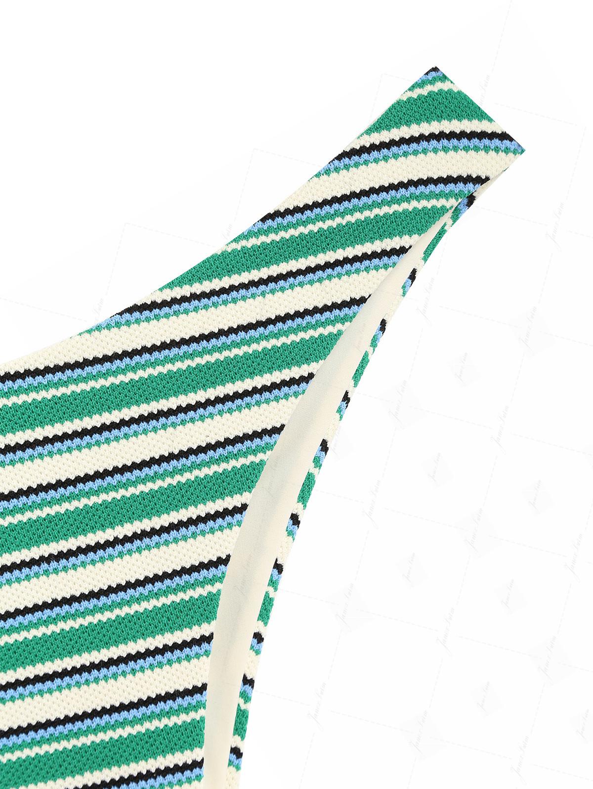 Green Knit Striped Textured High Leg Cheeky Bikini Bottom - Image 3