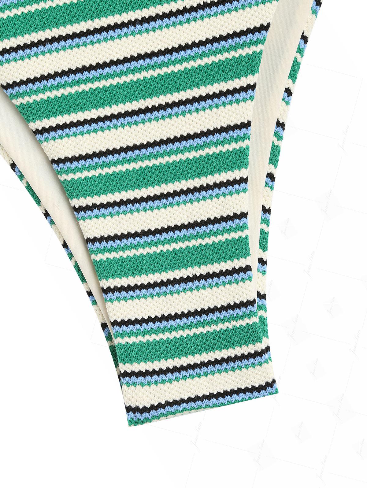 Green Knit Striped Textured High Leg Cheeky Bikini Bottom - Image 4