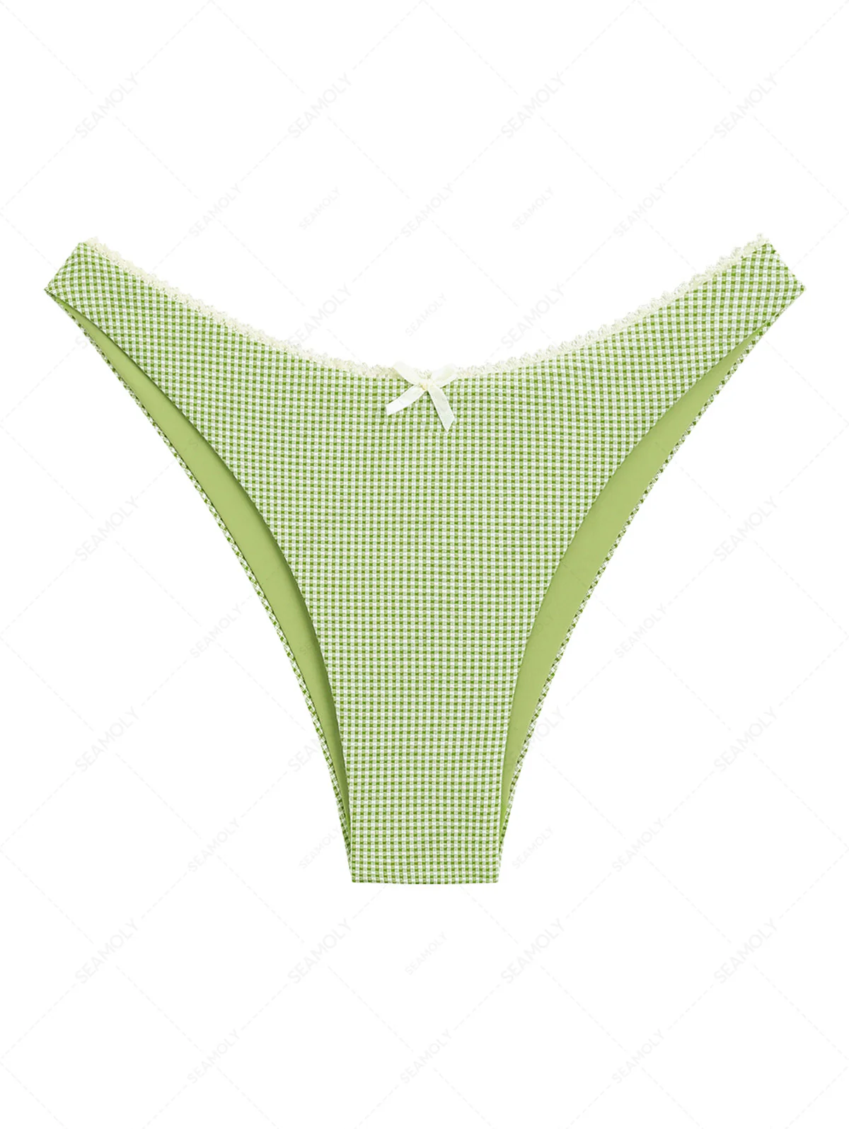 Janexswim – Grünes, gestricktes, kariertes Bikinihöschen mit kontrastierender Spitze und Schleife