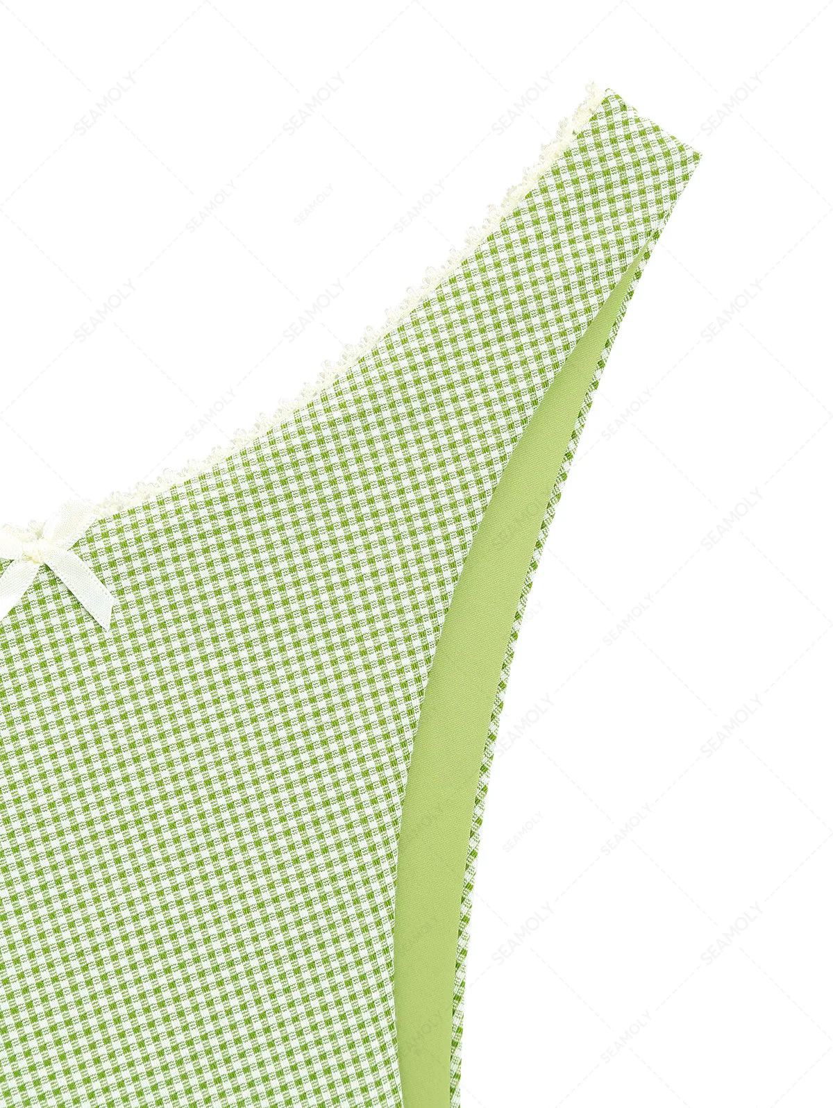 Janexswim – Grünes, gestricktes, kariertes Bikinihöschen mit kontrastierender Spitze und Schleife - Image 3