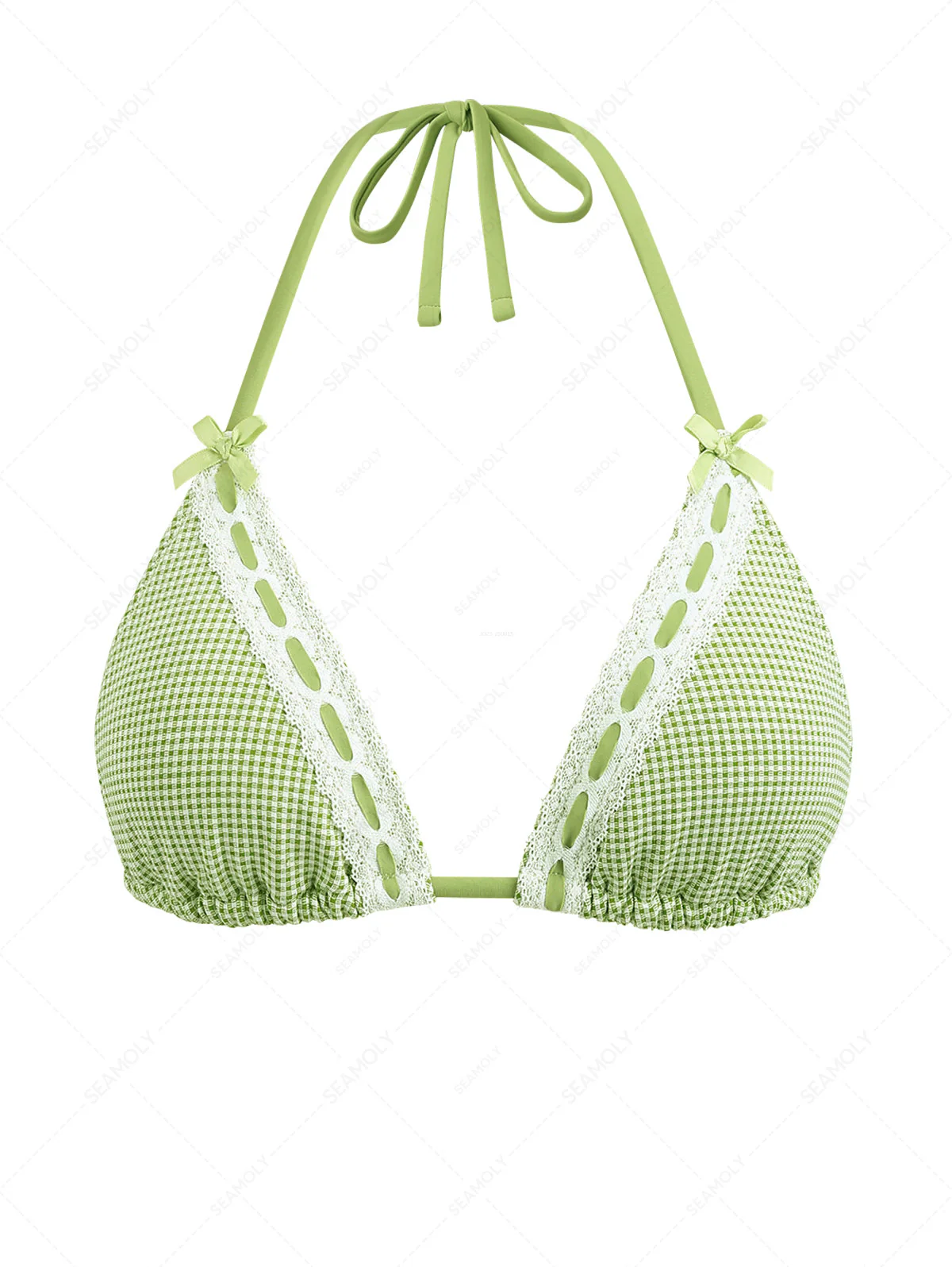 Grünes Neckholder-Triangel-Bikinioberteil mit Gingham-Spitze und Schleife