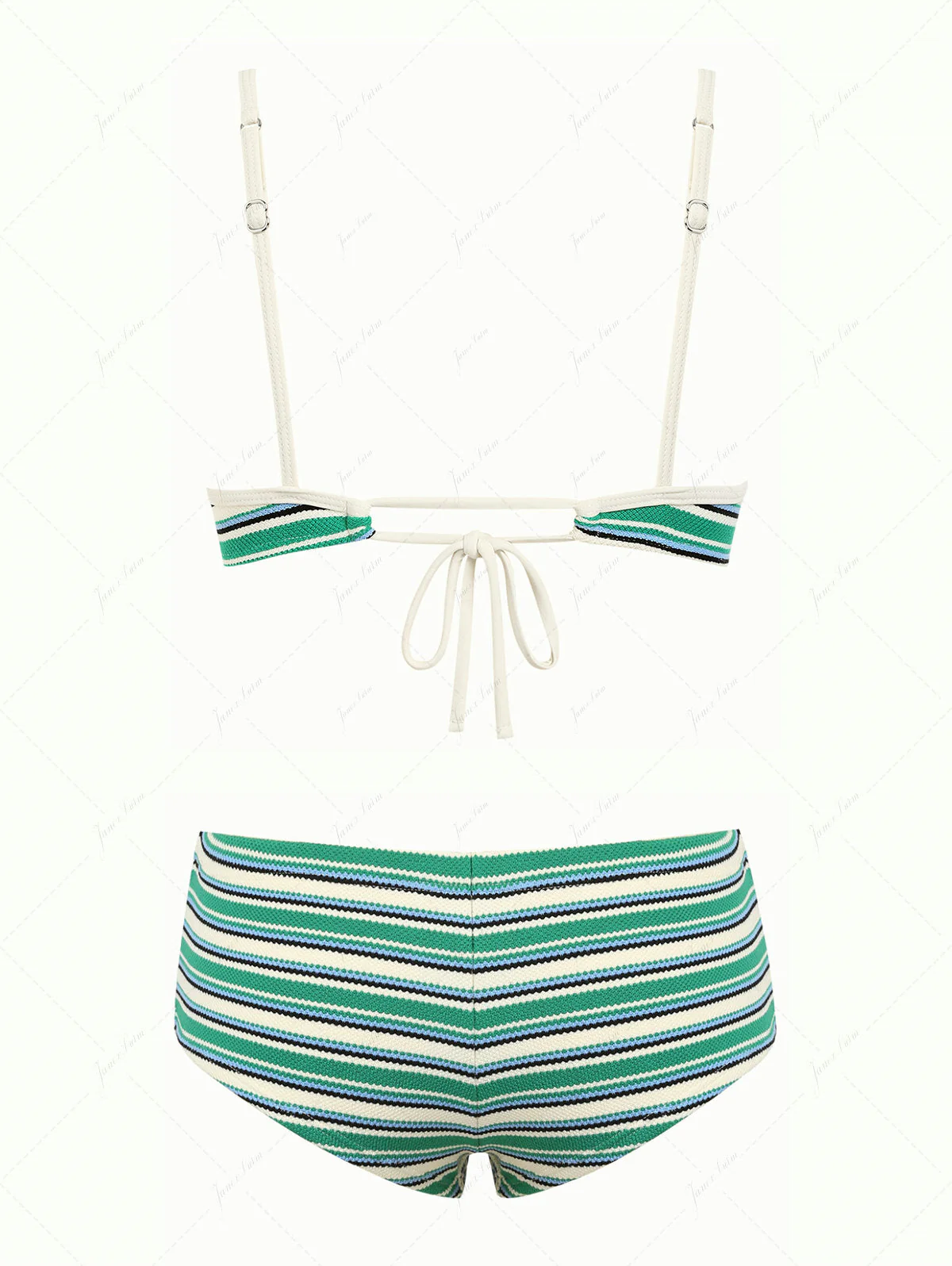 Green Textured Striped Bowknot Contrast Binding Cheeky Boyshorts Bikini Set - Image 2