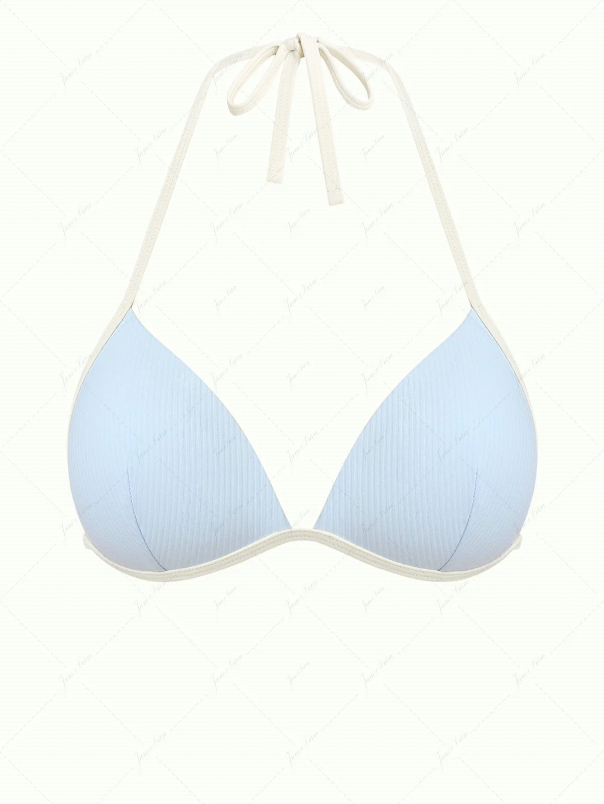 Hellblaues Bikini-Oberteil mit kontrastierender Rippstrick-Einfassung und Neckholder-Triangel-Push-up-Effekt - Image 2