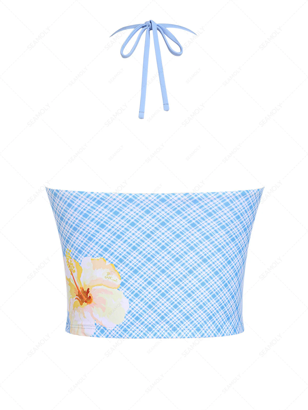 Hellblaues Tankini-Top mit Karomuster, Hibiskusblüten und Neckholder zum Binden - Image 10