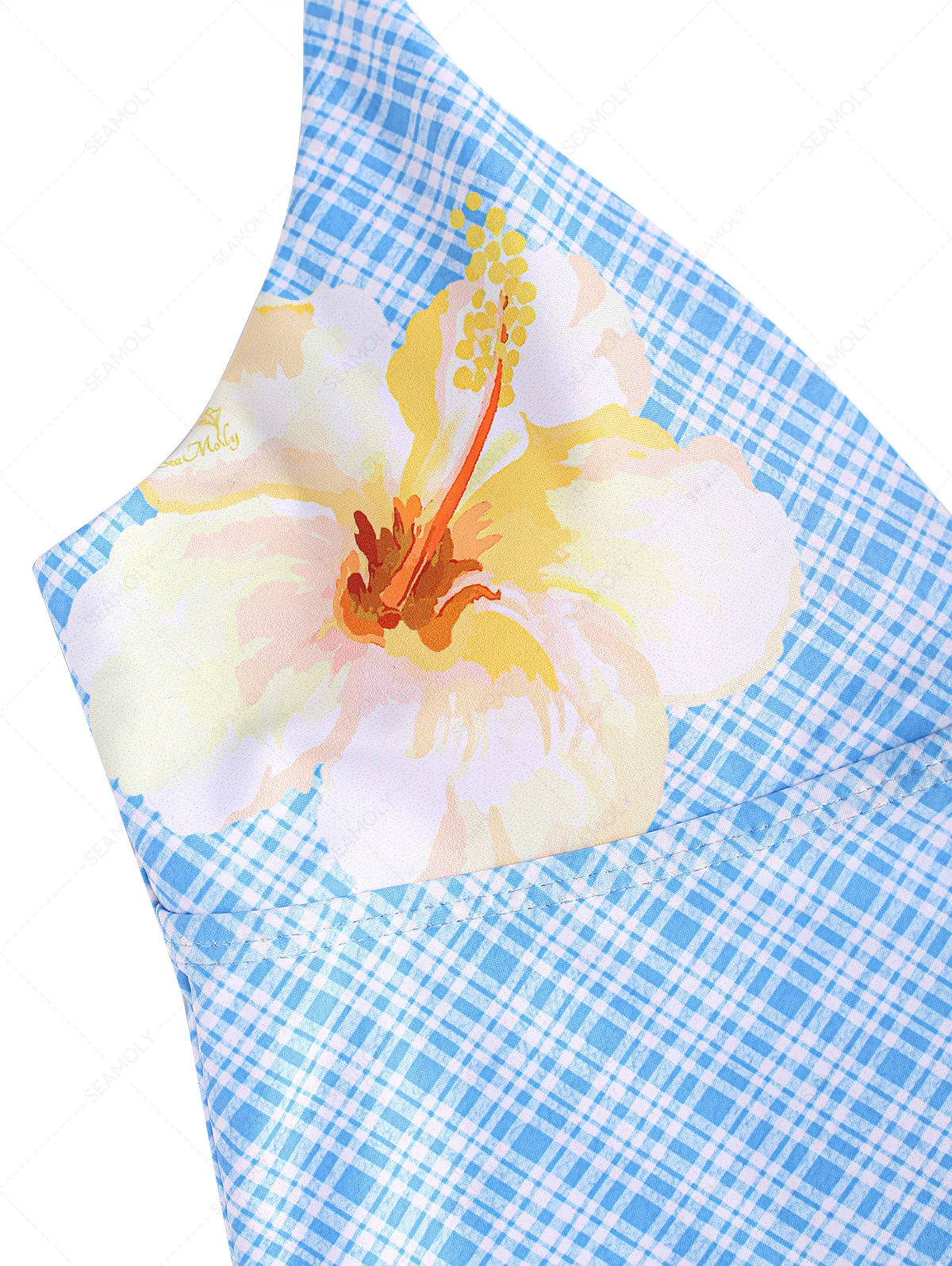 Hellblaues Tankini-Top mit Karomuster, Hibiskusblüten und Neckholder zum Binden - Image 11