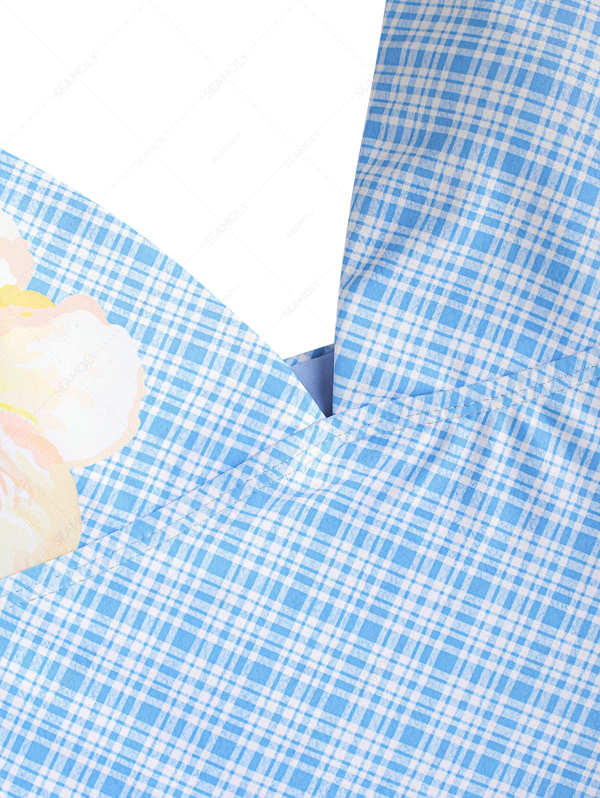 Hellblaues Tankini-Top mit Karomuster, Hibiskusblüten und Neckholder zum Binden - Image 12