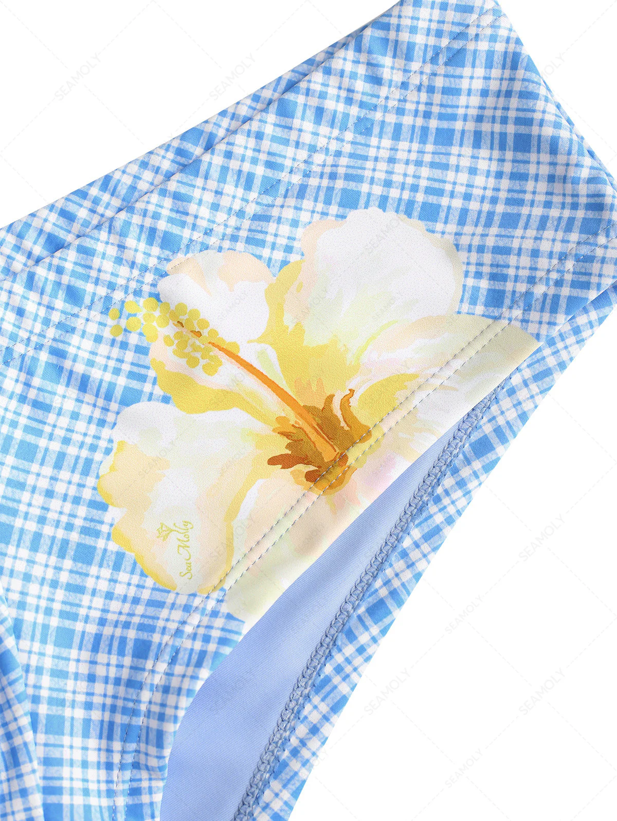 Hellblaue, karierte Bikinihose mit Blumenmuster, niedrigem Bund, freche Badeshorts im Hawaii-Stil - Image 11