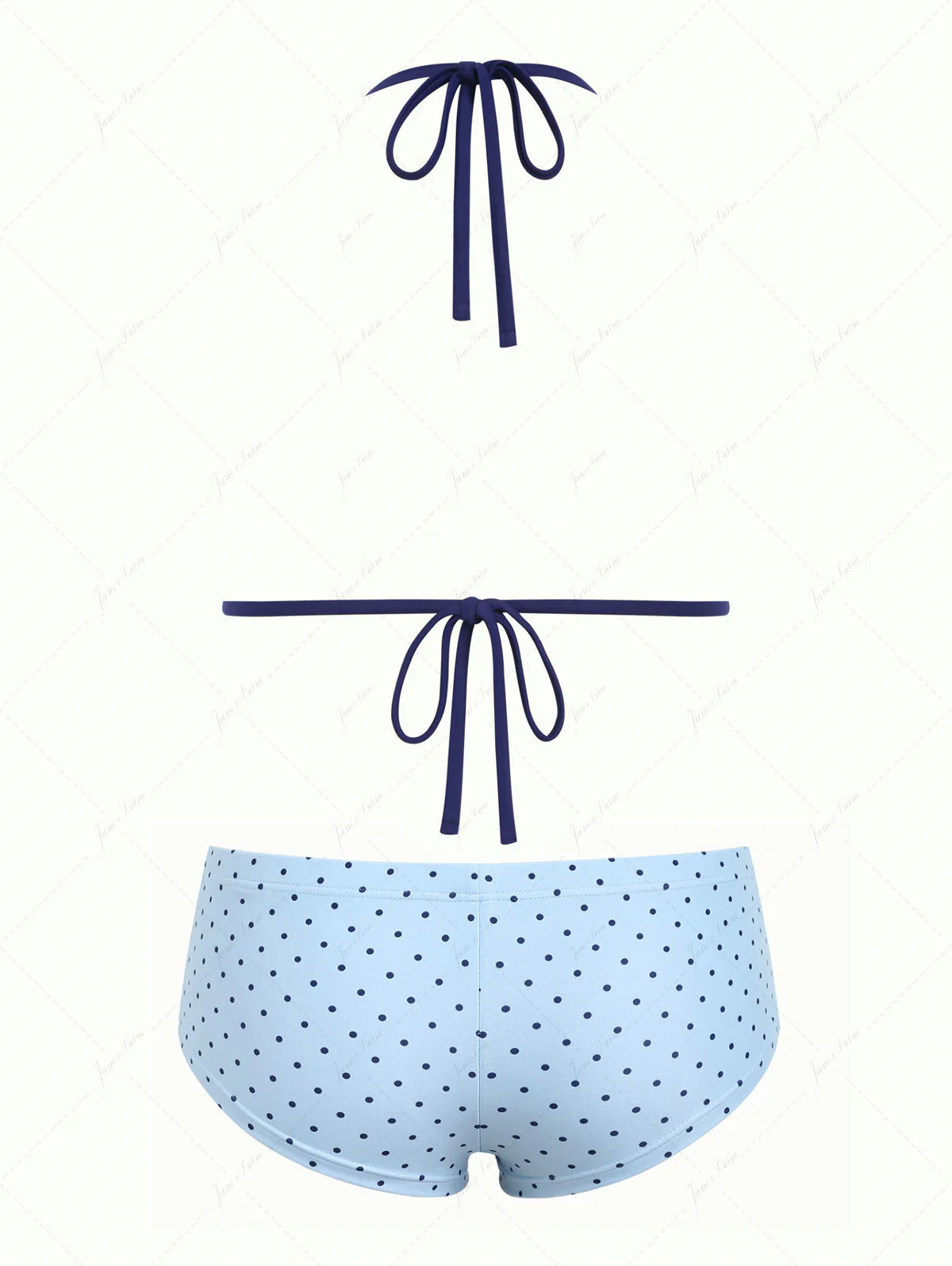 Hellblaues Bikini-Set mit Polka-Dots, Spitze und Schleife, dreieckig, frech und mit kurzen Shorts - Image 2