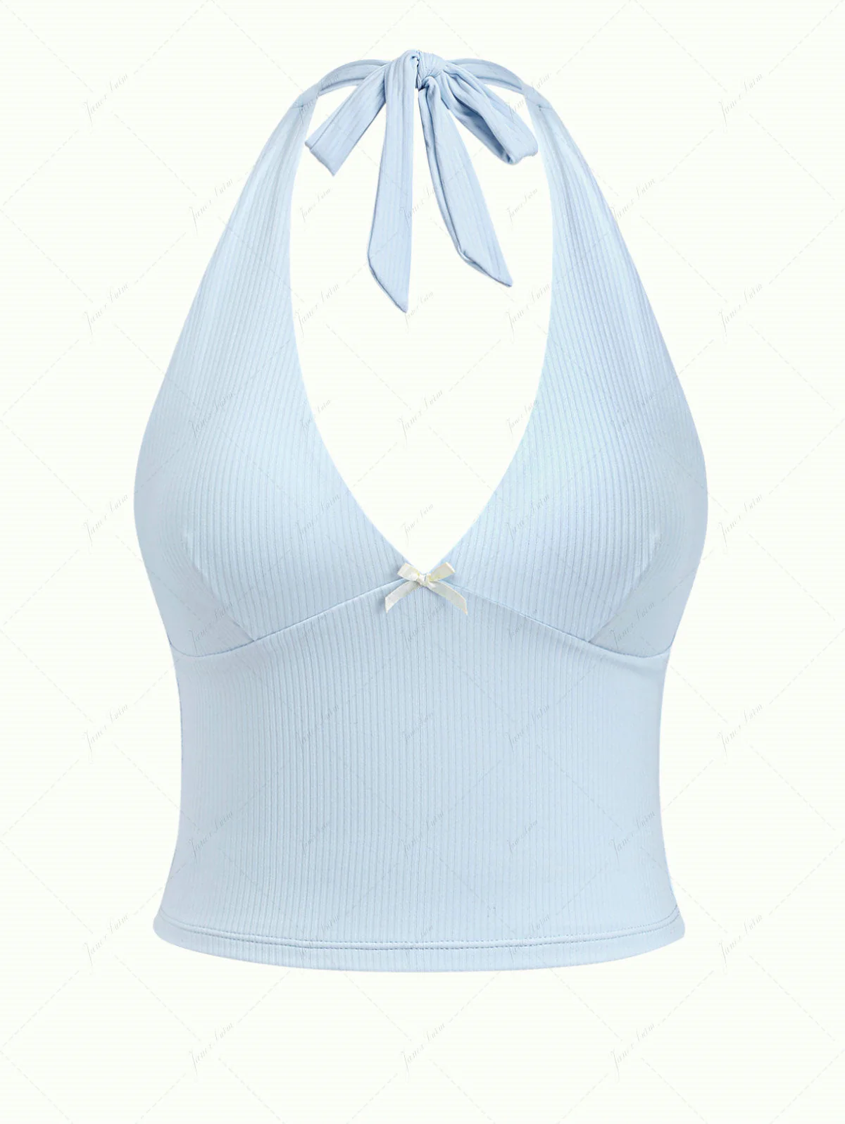 Hellblaues, geripptes Tankini-Top mit Schleife, tiefem Ausschnitt und Neckholder-Bindeband - Image 2