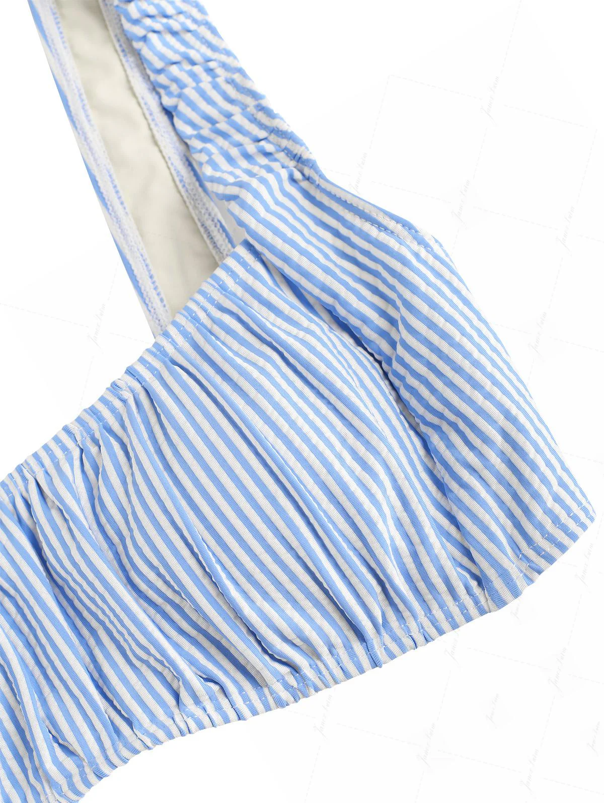 Light Blue Striped Ruched Tank Style Peplum Skirtini Bikini Set - Image 3