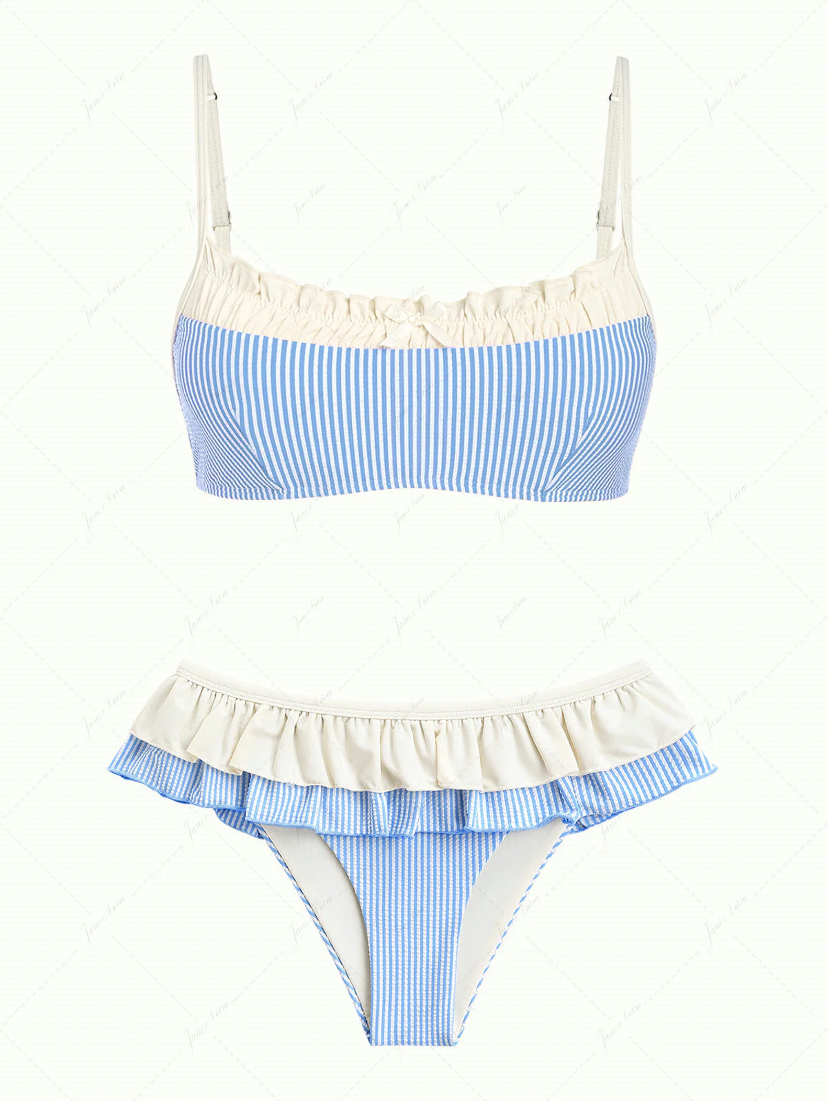 Janex Light Blue Striped Spliced Ruched Peplum Skirted Bikini Set