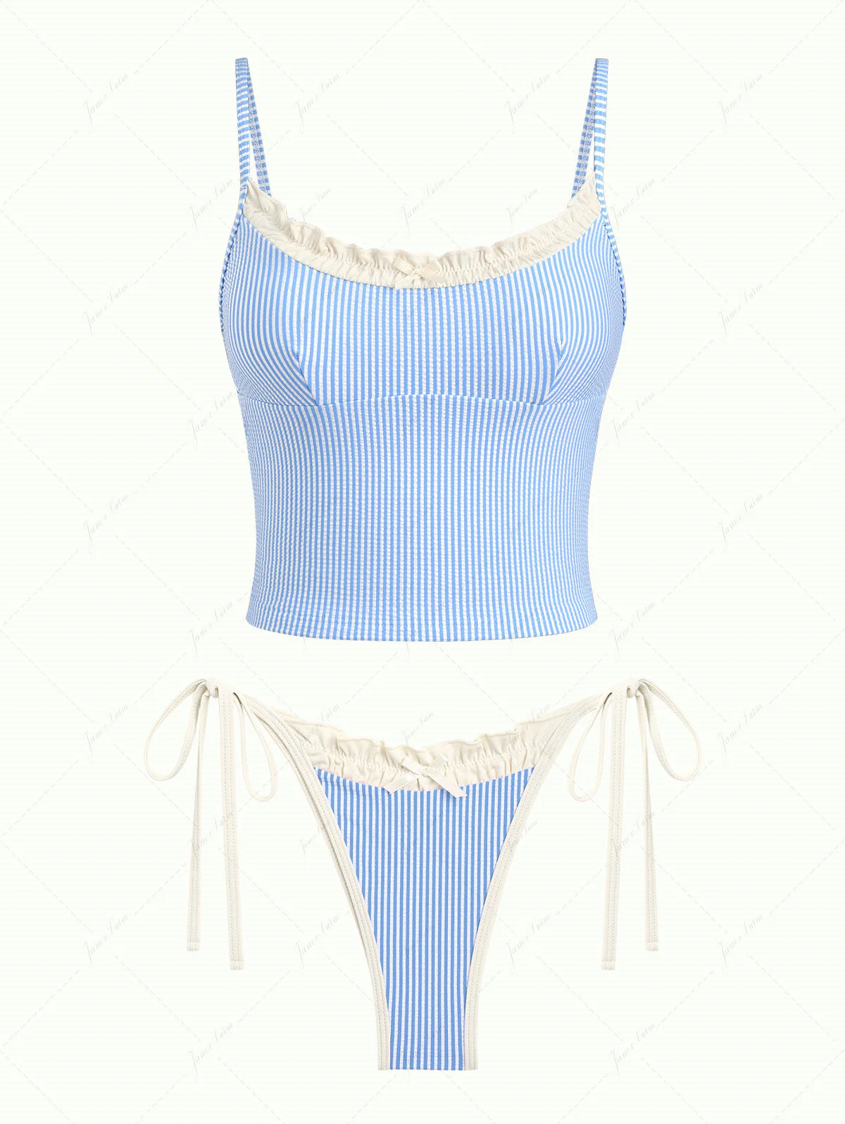 Light Blue Striped Spliced Ruched Ruffles Tie Side Tankini Set