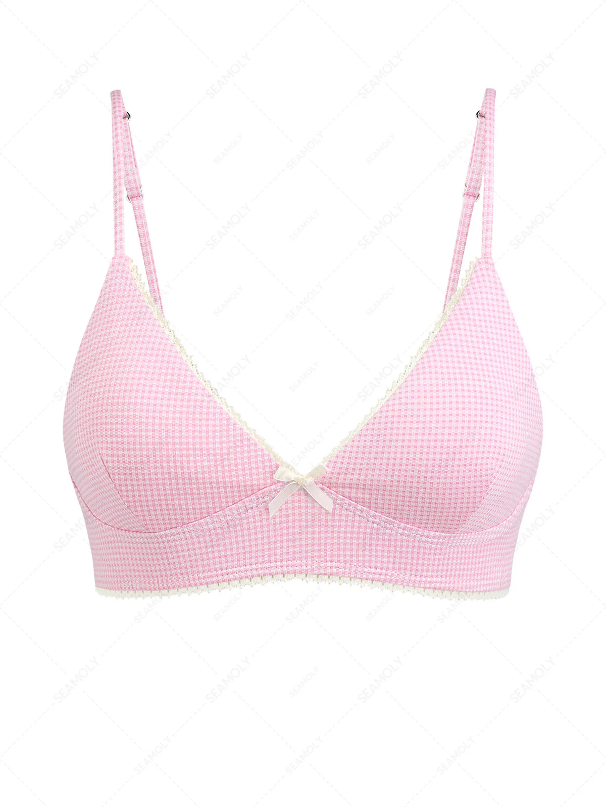 Hellrosa gestricktes Bikinioberteil mit karierter Spitze und Schleife