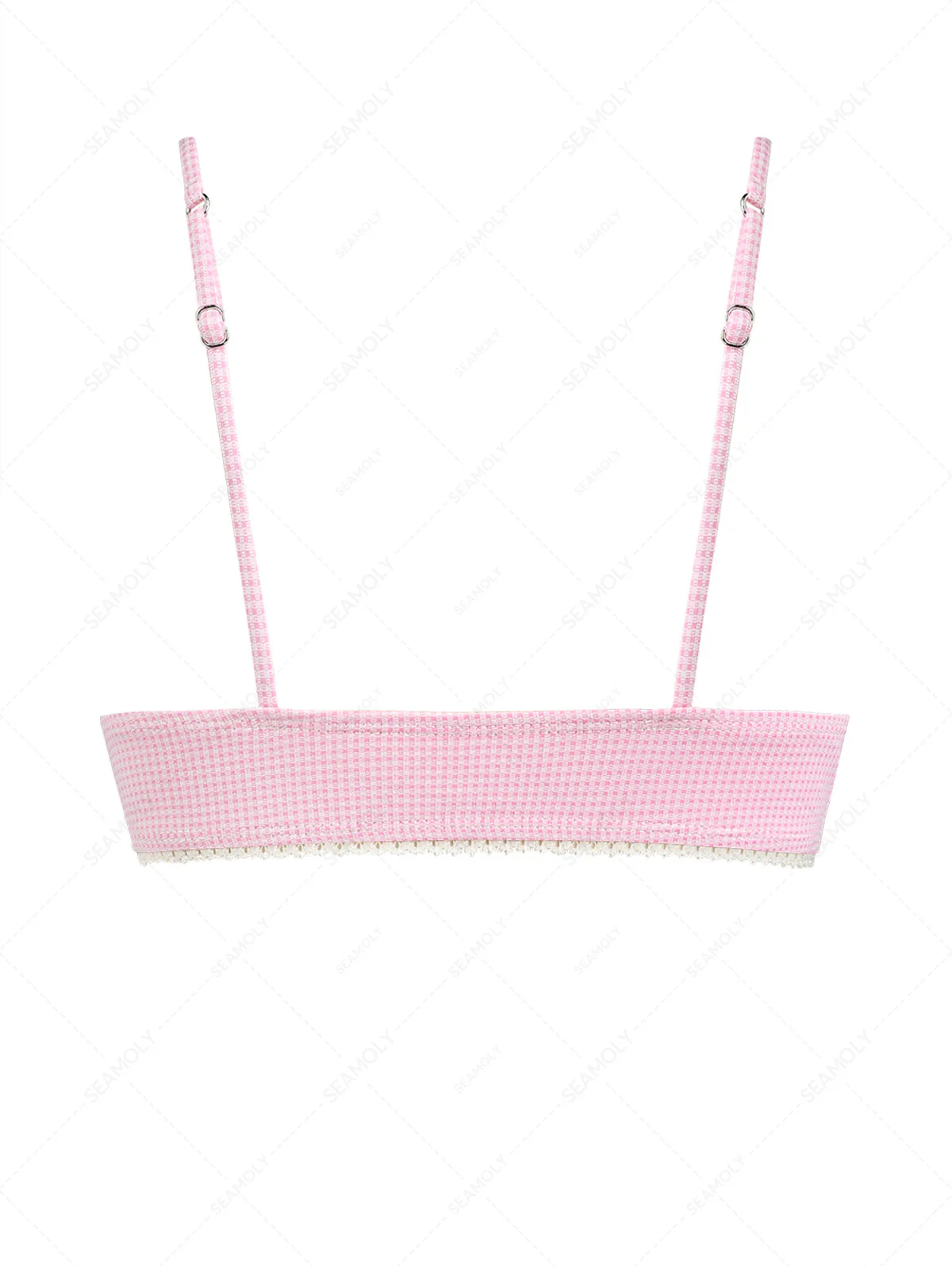 Hellrosa gestricktes Bikinioberteil mit karierter Spitze und Schleife - Image 2