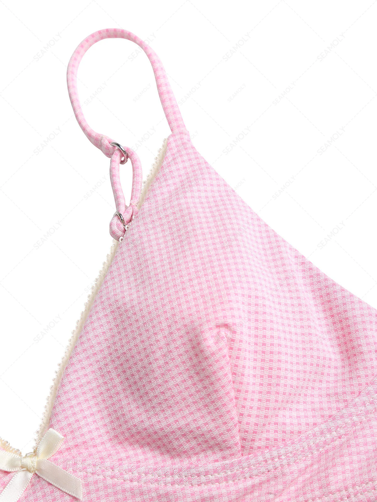 Hellrosa gestricktes Bikinioberteil mit karierter Spitze und Schleife - Image 3