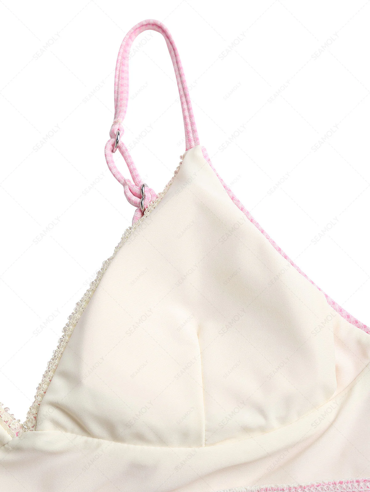 Hellrosa gestricktes Bikinioberteil mit karierter Spitze und Schleife - Image 4